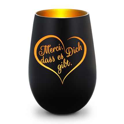SEO. Deko Windlicht aus Glas mit Gravur - Merci dass es Dich gibt - Beidseitig graviertes Herzmotiv - Schwarz - Gold Linkreich