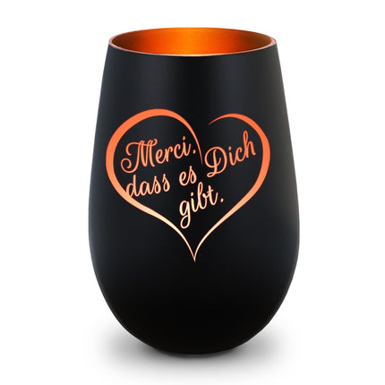 SEO. Deko Windlicht aus Glas mit Gravur - Merci dass es Dich gibt - Beidseitig graviertes Herzmotiv - Schwarz - Bronze Linkreich
