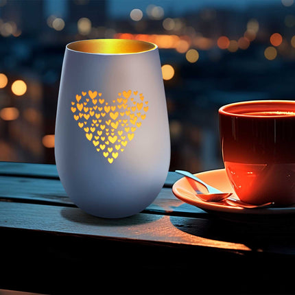 SEO. Deko Windlicht aus Glas mit Gravur - Merci dass es Dich gibt - Beidseitig graviertes Herzmotiv - Weiß - Gold Linkreich