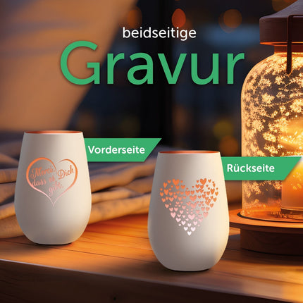 SEO. Deko Windlicht aus Glas mit Gravur - Merci dass es Dich gibt - Beidseitig graviertes Herzmotiv - Weiß - Bronze Linkreich