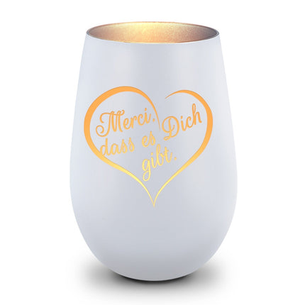 SEO. Deko Windlicht aus Glas mit Gravur - Merci dass es Dich gibt - Beidseitig graviertes Herzmotiv - Weiß - Silber Linkreich