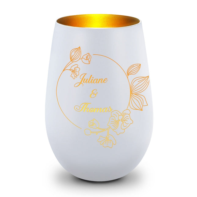 SEO. Deko Windlicht aus Glas mit Gravur - Nature Circle Flower - Personalisiert mit Namen - Weiß - Gold Linkreich