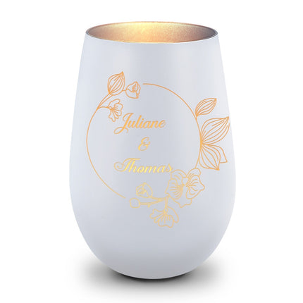 SEO. Deko Windlicht aus Glas mit Gravur - Nature Circle Flower - Personalisiert mit Namen - Weiß - Silber Linkreich