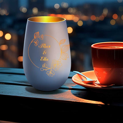 SEO. Deko Windlicht aus Glas mit Gravur - Nature Circle Flower - Personalisiert mit Namen - Weiß - Bronze Linkreich