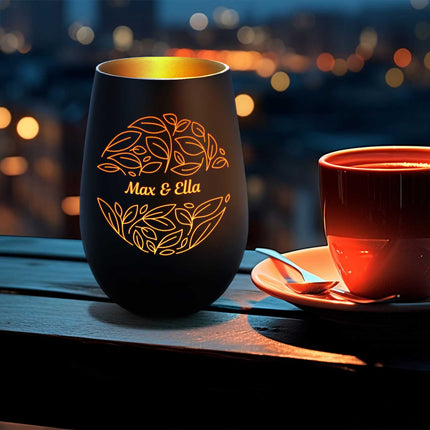 SEO. Deko Windlicht aus Glas mit Gravur - Nature Love - Personalisiert mit Name - Schwarz - Gold Linkreich