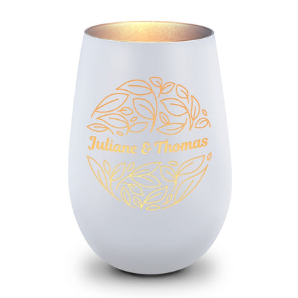 SEO. Deko Windlicht aus Glas mit Gravur - Nature Love - Personalisiert mit Name - Weiß - Silber Linkreich