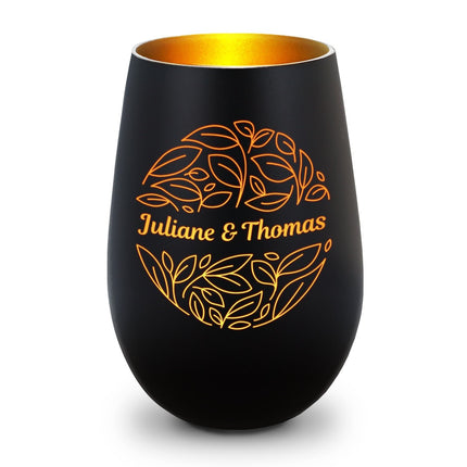 SEO. Deko Windlicht aus Glas mit Gravur - Nature Love - Personalisiert mit Name - Schwarz - Gold Linkreich