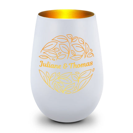 SEO. Deko Windlicht aus Glas mit Gravur - Nature Love - Personalisiert mit Name - Weiß - Gold Linkreich