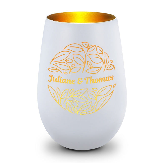 SEO. Deko Windlicht aus Glas mit Gravur - Nature Love - Personalisiert mit Name - Weiß - Gold Linkreich