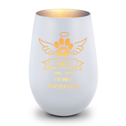 SEO. Deko Windlicht aus Glas mit Gravur - Pfotenengel - Personalisiert mit Namen & Datum - Weiß - Silber Linkreich