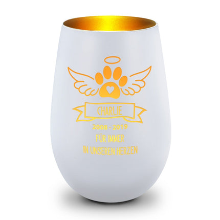 SEO. Deko Windlicht aus Glas mit Gravur - Pfotenengel - Personalisiert mit Namen & Datum - Weiß - Gold Linkreich