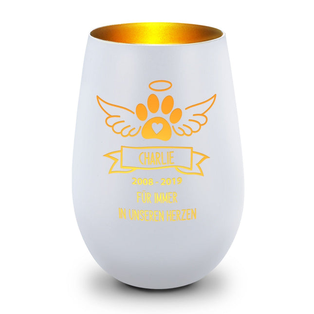 SEO. Deko Windlicht aus Glas mit Gravur - Pfotenengel - Personalisiert mit Namen & Datum - Weiß - Gold Linkreich