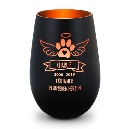 SEO. Deko Windlicht aus Glas mit Gravur - Pfotenengel - Personalisiert mit Namen & Datum - Schwarz - Bronze Linkreich