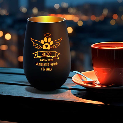 SEO. Deko Windlicht aus Glas mit Gravur - Pfotenengel - Personalisiert mit Namen & Datum - Weiß - Gold Linkreich