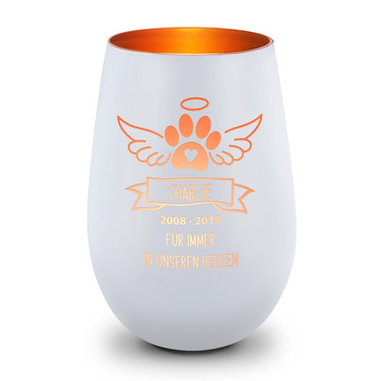 SEO. Deko Windlicht aus Glas mit Gravur - Pfotenengel - Personalisiert mit Namen & Datum - Weiß - Bronze Linkreich