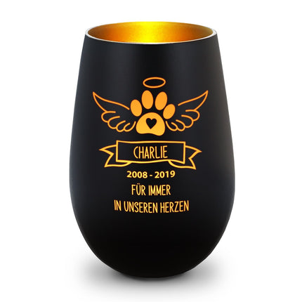 SEO. Deko Windlicht aus Glas mit Gravur - Pfotenengel - Personalisiert mit Namen & Datum - Schwarz - Gold Linkreich