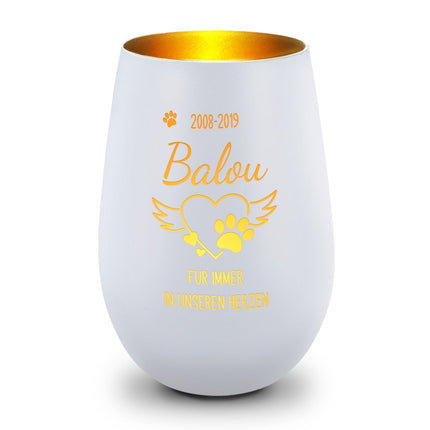 SEO. Deko Windlicht aus Glas mit Gravur - Pfotenherz - Personalisiert mit Namen & Datum - Trauerlicht - Weiß - Gold Linkreich
