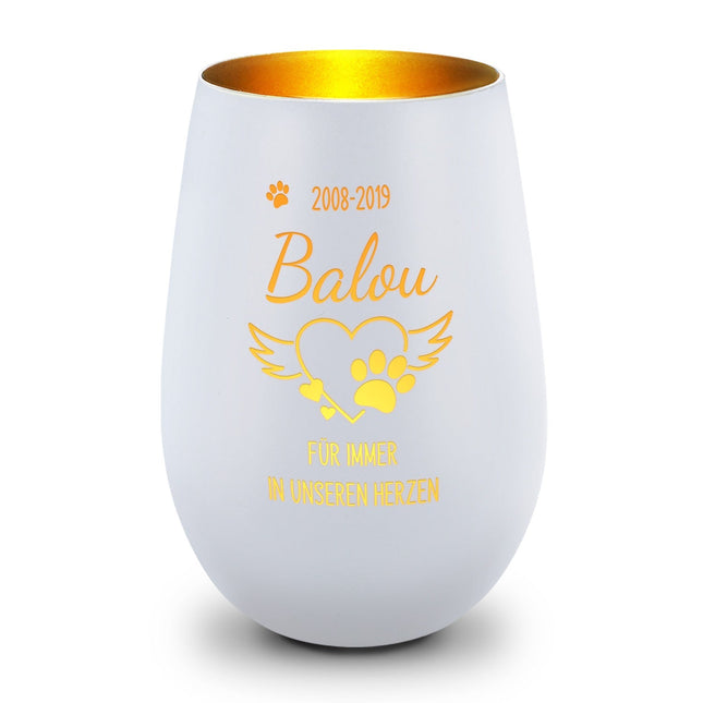SEO. Deko Windlicht aus Glas mit Gravur - Pfotenherz - Personalisiert mit Namen & Datum - Trauerlicht - Weiß - Gold Linkreich