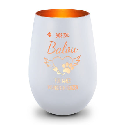 SEO. Deko Windlicht aus Glas mit Gravur - Pfotenherz - Personalisiert mit Namen & Datum - Trauerlicht - Weiß - Bronze Linkreich