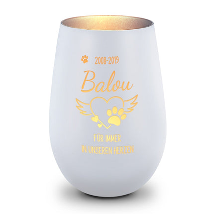 SEO. Deko Windlicht aus Glas mit Gravur - Pfotenherz - Personalisiert mit Namen & Datum - Trauerlicht - Weiß - Silber Linkreich