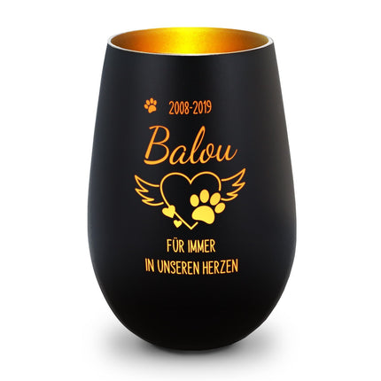 SEO. Deko Windlicht aus Glas mit Gravur - Pfotenherz - Personalisiert mit Namen & Datum - Trauerlicht - Schwarz - Gold Linkreich