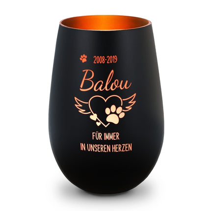 SEO. Deko Windlicht aus Glas mit Gravur - Pfotenherz - Personalisiert mit Namen & Datum - Trauerlicht - Schwarz - Bronze Linkreich