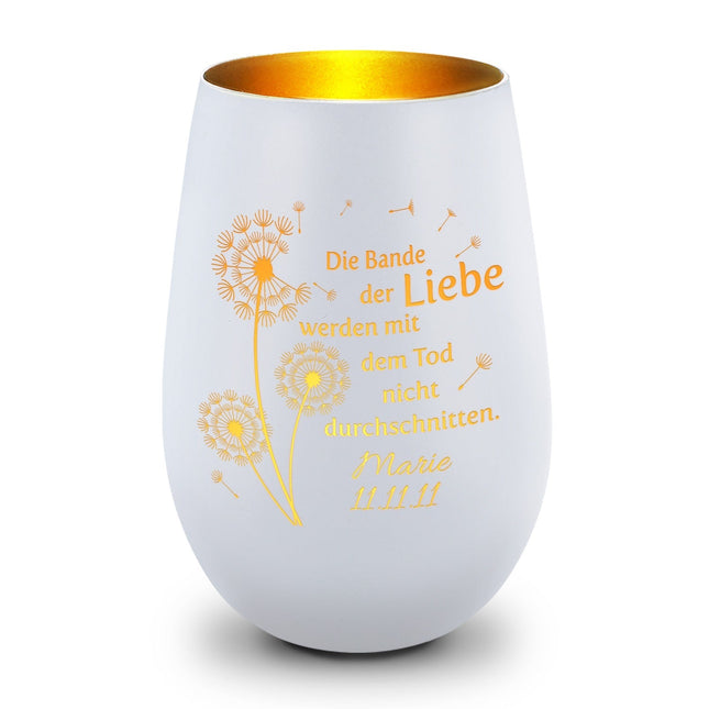 SEO. Deko Windlicht aus Glas mit Gravur - Pusteblumen - Personalisiert mit Namen & Datum - Weiß - Gold Linkreich