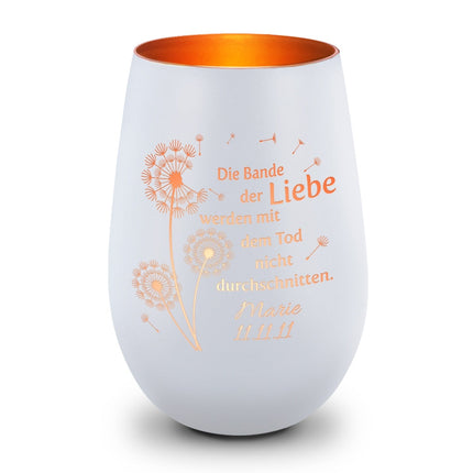 SEO. Deko Windlicht aus Glas mit Gravur - Pusteblumen - Personalisiert mit Namen & Datum - Weiß - Bronze Linkreich
