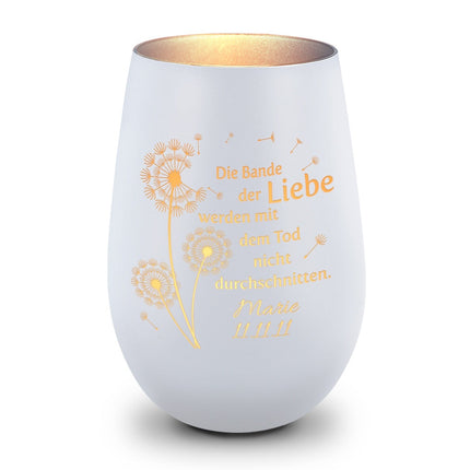SEO. Deko Windlicht aus Glas mit Gravur - Pusteblumen - Personalisiert mit Namen & Datum - Weiß - Silber Linkreich
