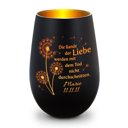 SEO. Deko Windlicht aus Glas mit Gravur - Pusteblumen - Personalisiert mit Namen & Datum - Schwarz - Gold Linkreich