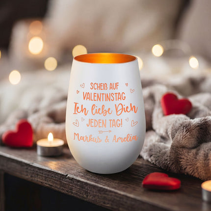 SEO. Deko Windlicht aus Glas mit Gravur - Scheiß auf Valentinstag - Weiß - Bronze Linkreich