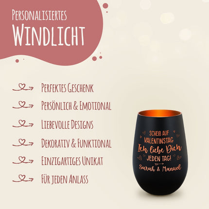 SEO. Deko Windlicht aus Glas mit Gravur - Scheiß auf Valentinstag - Schwarz - Gold Linkreich