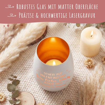 SEO. Deko Windlicht aus Glas mit Gravur - Scheiß auf Valentinstag - Schwarz - Gold Linkreich