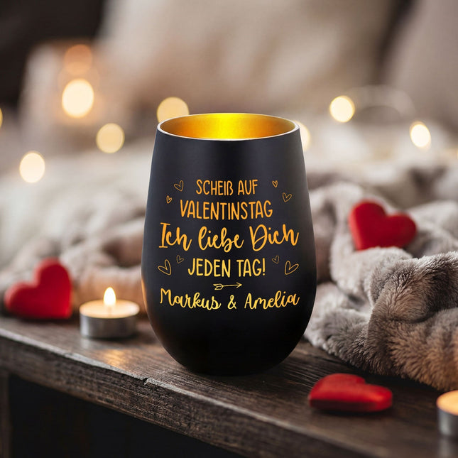 SEO. Deko Windlicht aus Glas mit Gravur - Scheiß auf Valentinstag - Schwarz - Gold Linkreich