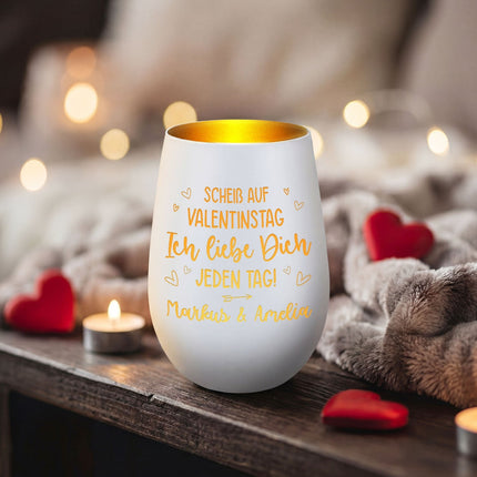 SEO. Deko Windlicht aus Glas mit Gravur - Scheiß auf Valentinstag - Weiß - Gold Linkreich