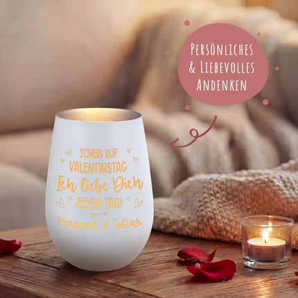 SEO. Deko Windlicht aus Glas mit Gravur - Scheiß auf Valentinstag - Schwarz - Gold Linkreich
