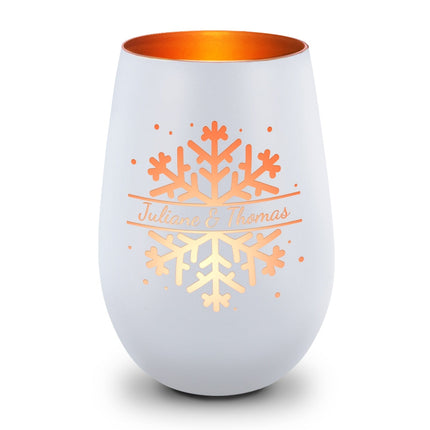 SEO. Deko Windlicht aus Glas mit Gravur - Schneeflocke - Personalisiert mit Namen - Geschenk zu Weihnacht - Weiß - Bronze Linkreich