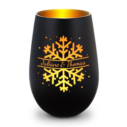 SEO. Deko Windlicht aus Glas mit Gravur - Schneeflocke - Personalisiert mit Namen - Geschenk zu Weihnacht - Schwarz - Gold Linkreich