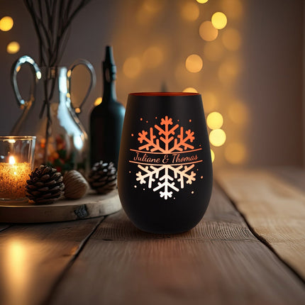 SEO. Deko Windlicht aus Glas mit Gravur - Schneeflocke - Personalisiert mit Namen - Geschenk zu Weihnacht - Schwarz - Bronze Linkreich