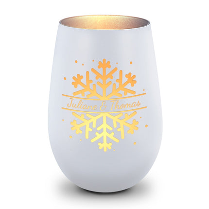 SEO. Deko Windlicht aus Glas mit Gravur - Schneeflocke - Personalisiert mit Namen - Geschenk zu Weihnacht - Weiß - Silber Linkreich