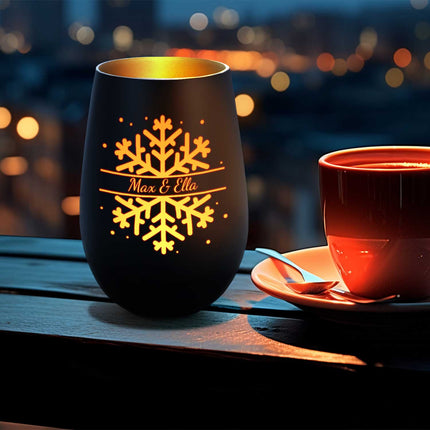 SEO. Deko Windlicht aus Glas mit Gravur - Schneeflocke - Personalisiert mit Namen - Geschenk zu Weihnacht - Schwarz - Gold Linkreich