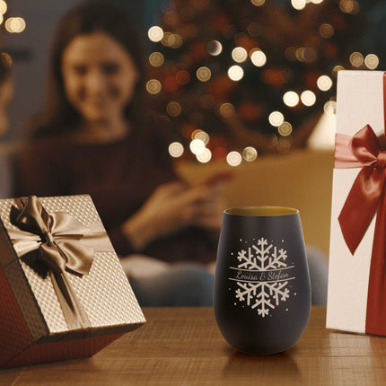 SEO. Deko Windlicht aus Glas mit Gravur - Schneeflocke - Personalisiert mit Namen - Geschenk zu Weihnacht - Schwarz - Gold Linkreich