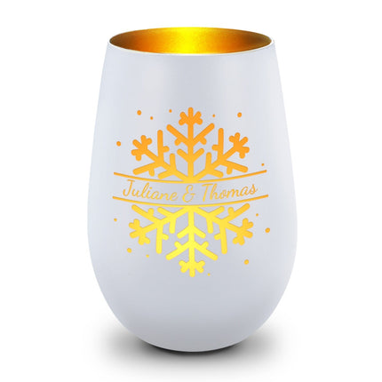 SEO. Deko Windlicht aus Glas mit Gravur - Schneeflocke - Personalisiert mit Namen - Geschenk zu Weihnacht - Weiß - Gold Linkreich