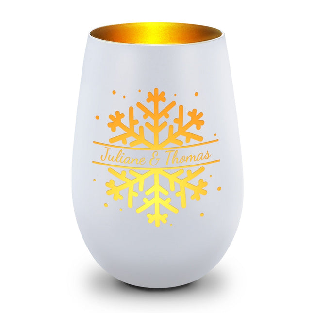 SEO. Deko Windlicht aus Glas mit Gravur - Schneeflocke - Personalisiert mit Namen - Geschenk zu Weihnacht - Weiß - Gold Linkreich