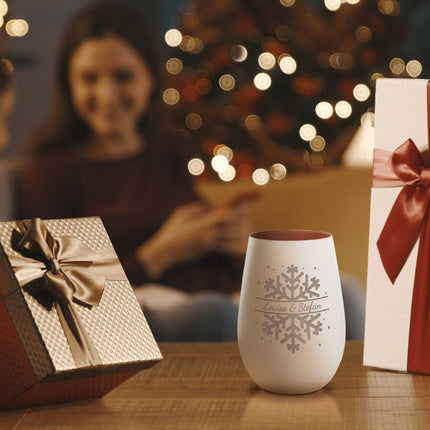 SEO. Deko Windlicht aus Glas mit Gravur - Schneeflocke - Personalisiert mit Namen - Geschenk zu Weihnacht - Weiß - Bronze Linkreich