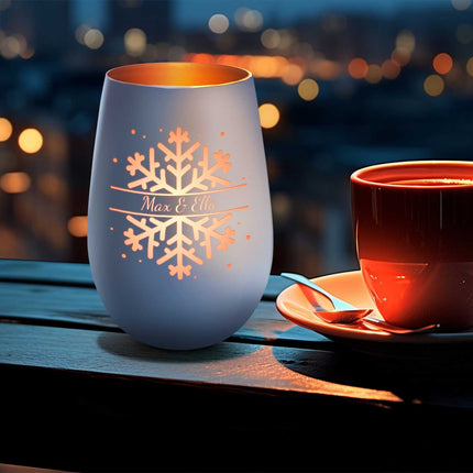 SEO. Deko Windlicht aus Glas mit Gravur - Schneeflocke - Personalisiert mit Namen - Geschenk zu Weihnacht - Weiß - Bronze Linkreich