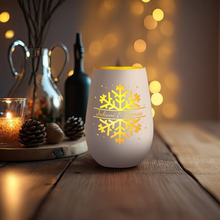 SEO. Deko Windlicht aus Glas mit Gravur - Schneeflocke - Personalisiert mit Namen - Geschenk zu Weihnacht - Weiß - Gold Linkreich