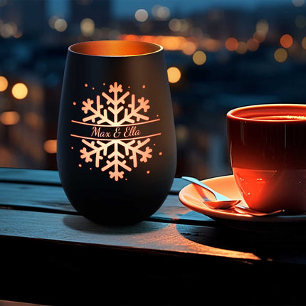SEO. Deko Windlicht aus Glas mit Gravur - Schneeflocke - Personalisiert mit Namen - Geschenk zu Weihnacht - Schwarz - Gold Linkreich