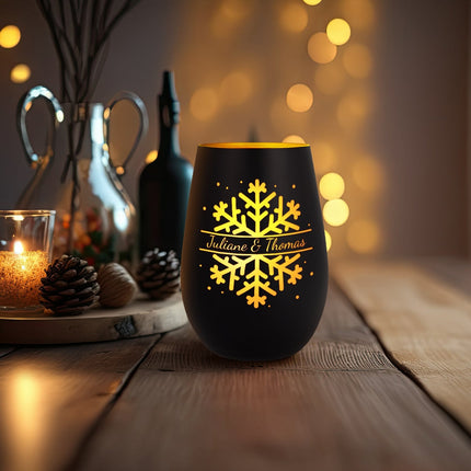 SEO. Deko Windlicht aus Glas mit Gravur - Schneeflocke - Personalisiert mit Namen - Geschenk zu Weihnacht - Schwarz - Gold Linkreich