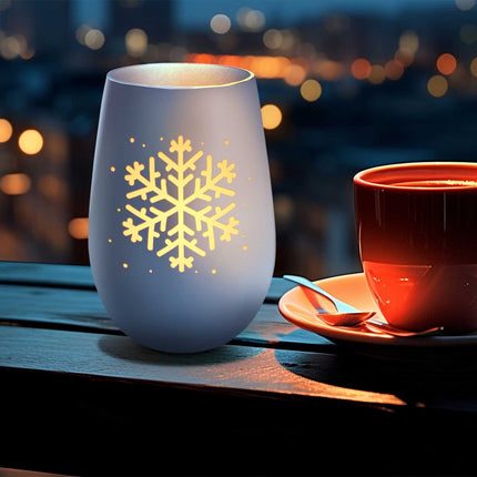 SEO. Deko Windlicht aus Glas mit Gravur - Schneeflocke - Weihnachtsdeko zum Verschenken - Weiß - Silber Linkreich